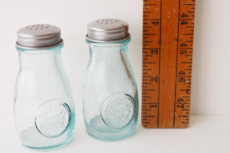 photo of pale green recycled glass S&P set, eco friendly vintage salt and pepper shakers #5