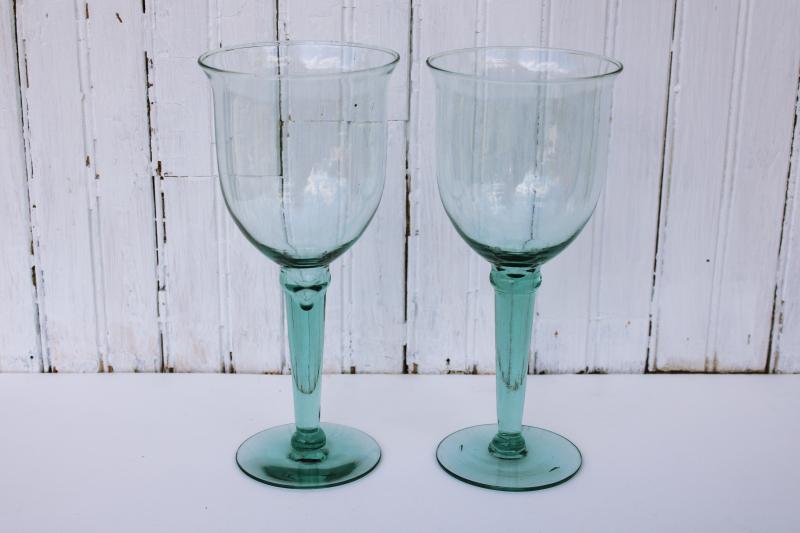 photo of pale green recycled glass water goblets or big wine glasses, hand blown glass #1