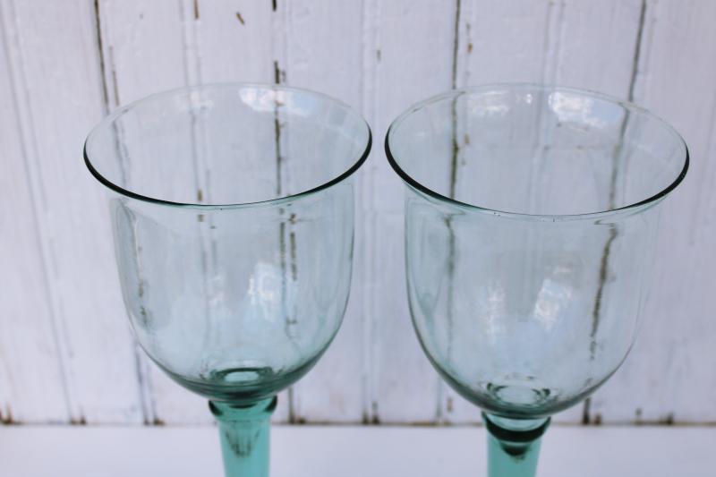 photo of pale green recycled glass water goblets or big wine glasses, hand blown glass #3