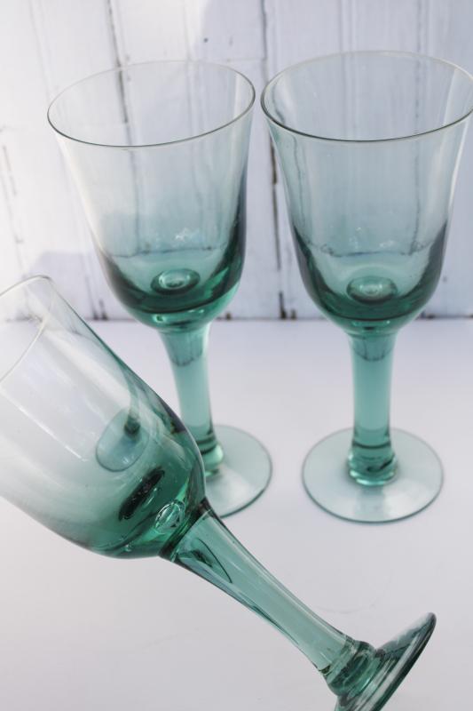 photo of pale green recycled glass water goblets or wine glasses, hand blown glass #2