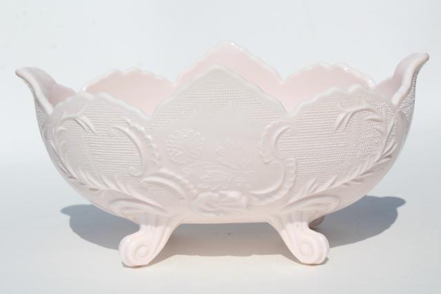 photo of pale shell pink milk glass, 1950s vintage Jeannette Lombardi oval flower bowl #1