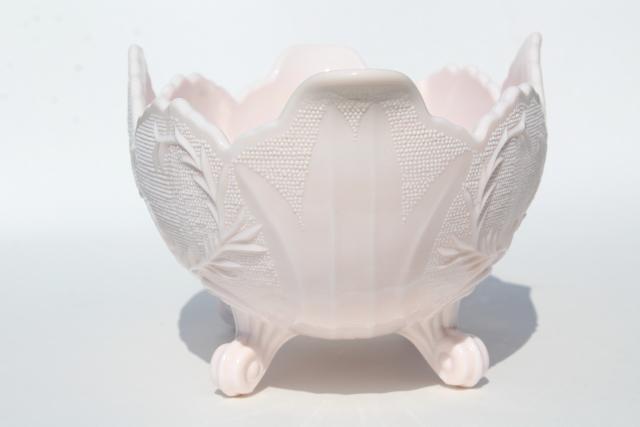 photo of pale shell pink milk glass, 1950s vintage Jeannette Lombardi oval flower bowl #2