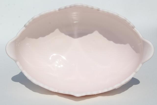 photo of pale shell pink milk glass, 1950s vintage Jeannette Lombardi oval flower bowl #3