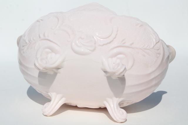 photo of pale shell pink milk glass, 1950s vintage Jeannette Lombardi oval flower bowl #4