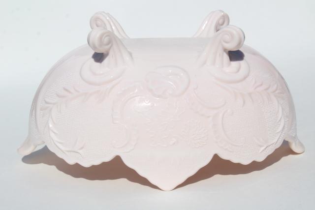 photo of pale shell pink milk glass, 1950s vintage Jeannette Lombardi oval flower bowl #5