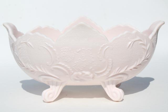 photo of pale shell pink milk glass, 1950s vintage Jeannette Lombardi oval flower bowl #6