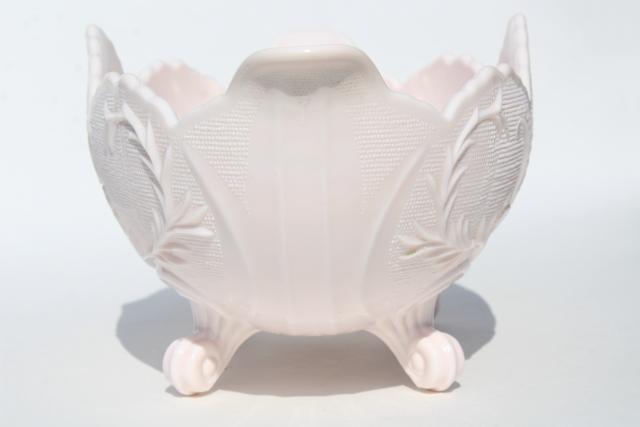 photo of pale shell pink milk glass, 1950s vintage Jeannette Lombardi oval flower bowl #7