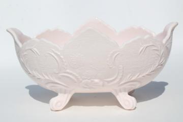 catalog photo of pale shell pink milk glass, 1950s vintage Jeannette Lombardi oval flower bowl