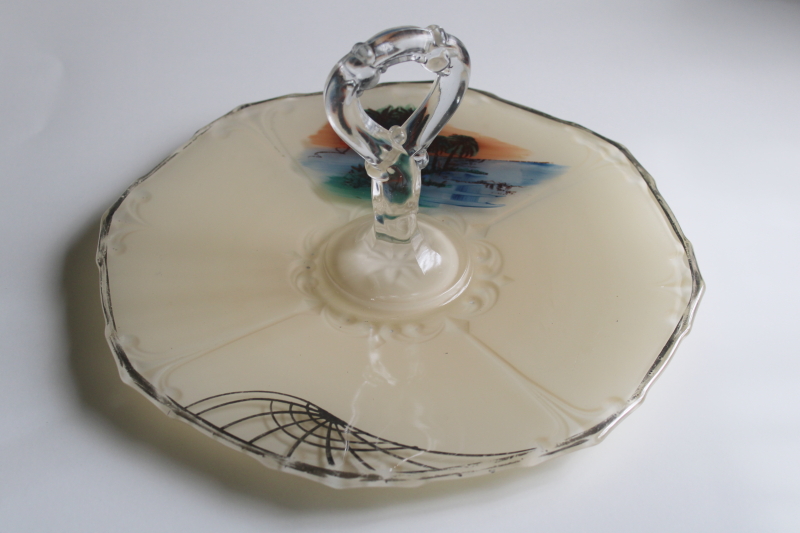 photo of palm trees beach scene art deco vintage glass serving plate, tray with center handle  #1