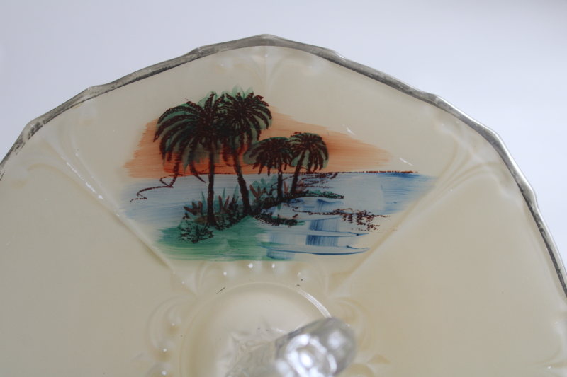 photo of palm trees beach scene art deco vintage glass serving plate, tray with center handle  #2