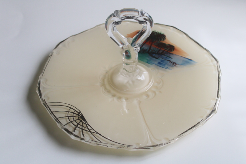 photo of palm trees beach scene art deco vintage glass serving plate, tray with center handle  #4