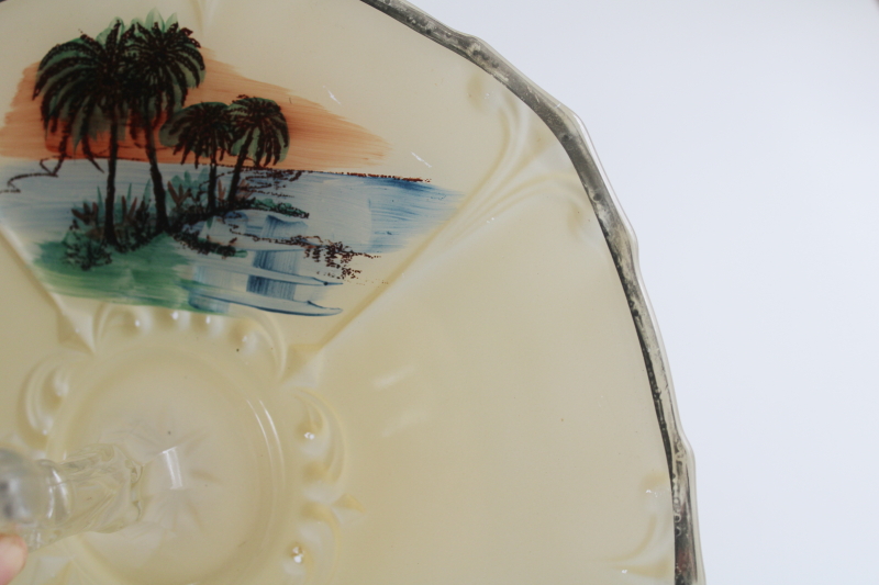 photo of palm trees beach scene art deco vintage glass serving plate, tray with center handle  #9