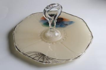 catalog photo of palm trees beach scene art deco vintage glass serving plate, tray with center handle 