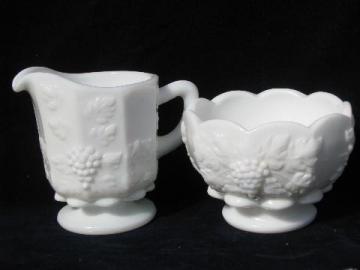 catalog photo of paneled grape pattern milk glass creamer & sugar set, vintage Westmoreland