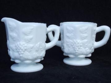 catalog photo of paneled grape vintage Westmoreland milk glass cream pitcher and sugar