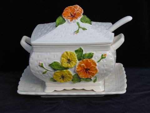 photo of pansy flower pattern, vintage Lefton china soup tureen, plate, ladle #1