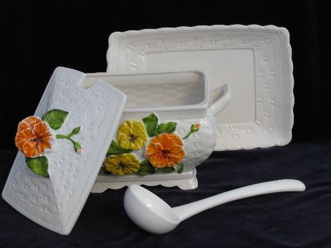 photo of pansy flower pattern, vintage Lefton china soup tureen, plate, ladle #2