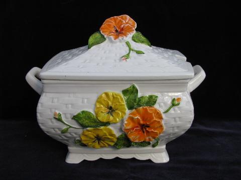 photo of pansy flower pattern, vintage Lefton china soup tureen, plate, ladle #3