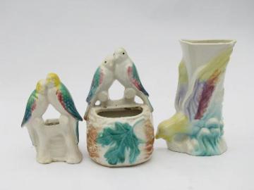 catalog photo of parrots & lovebirds, vintage pottery wall pocket & planter vases collection