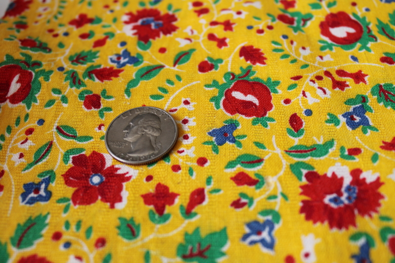 photo of partial sack vintage print cotton feedsack fabric, folk art bright flowers on yellow #2