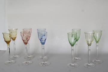 catalog photo of pastel colored glass liqueur glasses, delicate little wine goblets hand blown glass Italy