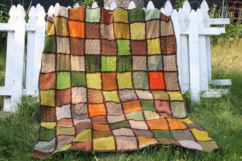 photo of patchwork fall colors vintage hand knit afghan blanket, sampler knitting stitches textured blocks #1