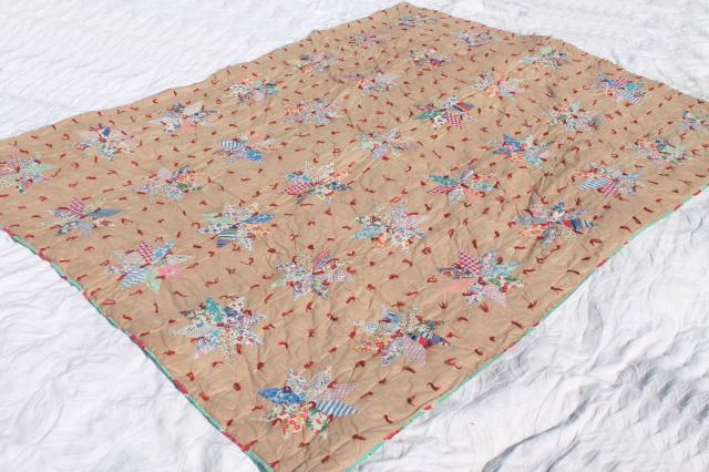 photo of patchwork stars vintage tied quilt comforter w/ red & turquoise flowered print backing fabric #1