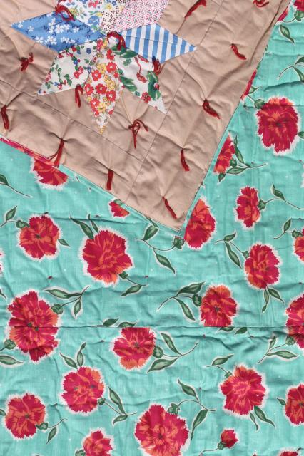 photo of patchwork stars vintage tied quilt comforter w/ red & turquoise flowered print backing fabric #3