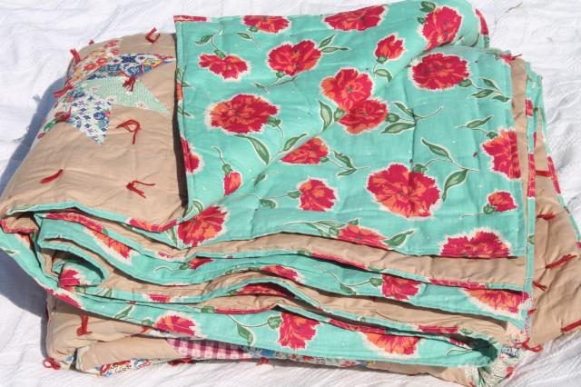 photo of patchwork stars vintage tied quilt comforter w/ red & turquoise flowered print backing fabric #5