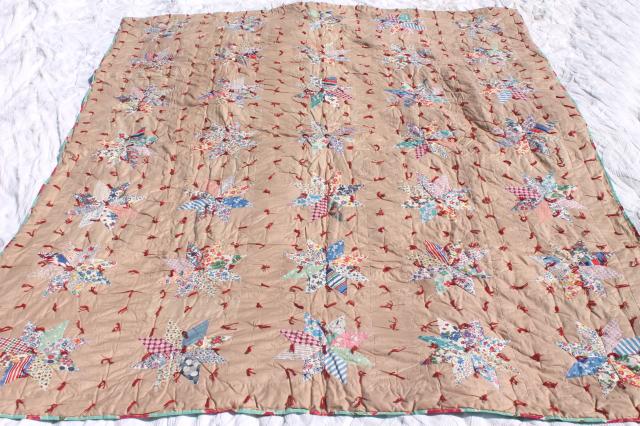 photo of patchwork stars vintage tied quilt comforter w/ red & turquoise flowered print backing fabric #6