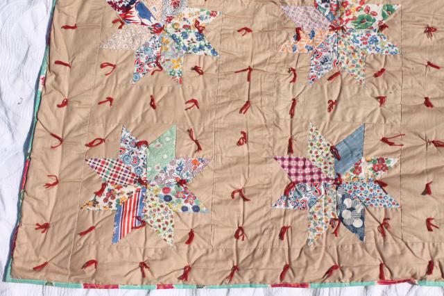 photo of patchwork stars vintage tied quilt comforter w/ red & turquoise flowered print backing fabric #7