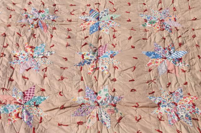 photo of patchwork stars vintage tied quilt comforter w/ red & turquoise flowered print backing fabric #8