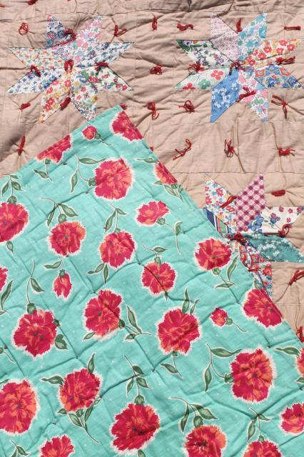 photo of patchwork stars vintage tied quilt comforter w/ red & turquoise flowered print backing fabric #10