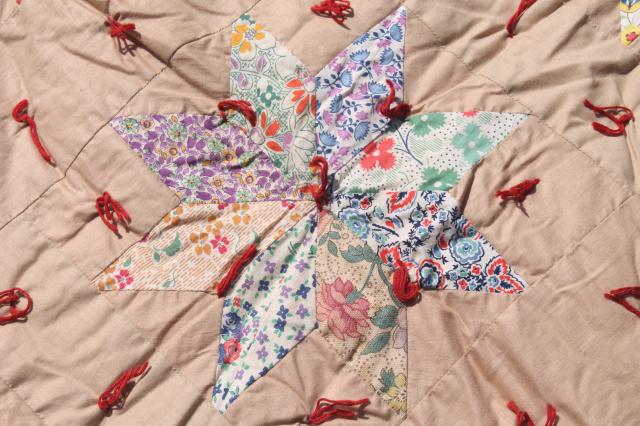 photo of patchwork stars vintage tied quilt comforter w/ red & turquoise flowered print backing fabric #11