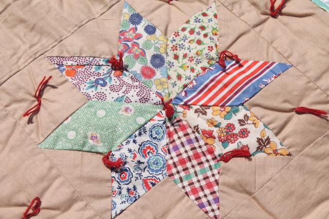 photo of patchwork stars vintage tied quilt comforter w/ red & turquoise flowered print backing fabric #12