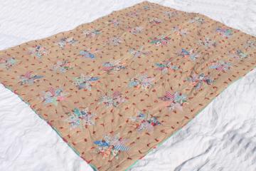 catalog photo of patchwork stars vintage tied quilt comforter w/ red & turquoise flowered print backing fabric