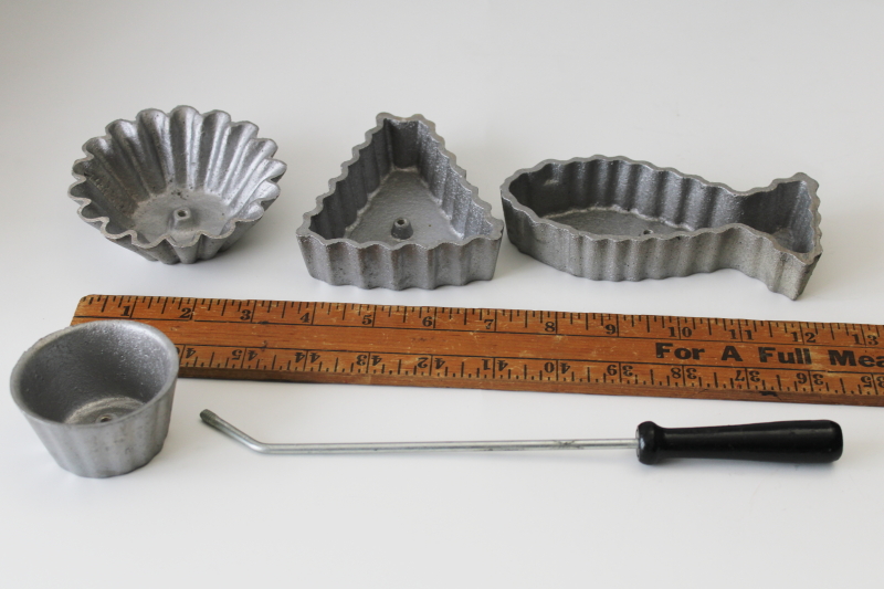 photo of patty shell timbale molds w/ rosette iron handle, fish, triangle shape, small & large fluted rounds  #1