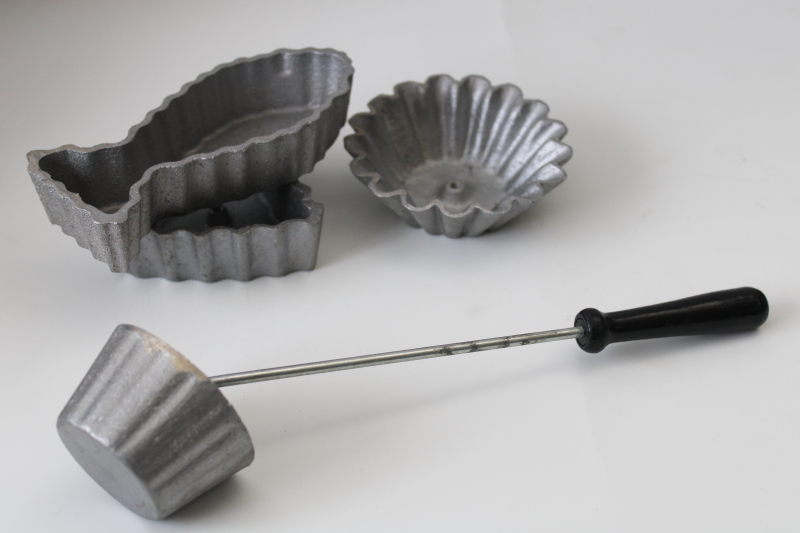 photo of patty shell timbale molds w/ rosette iron handle, fish, triangle shape, small & large fluted rounds  #8