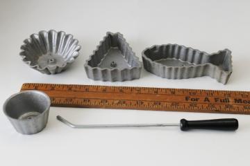 patty shell timbale molds w/ rosette iron handle, fish, triangle shape, small & large fluted rounds 