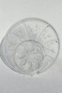 catalog photo of pebble leaf pattern vintage Indiana glass relish tray deviled egg plate serving platter