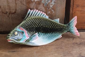 catalog photo of perch or walleye pike fish, vintage hand painted ceramic dish made in France 