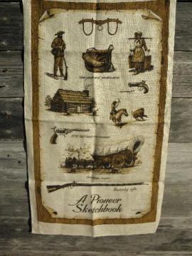 catalog photo of perfect vintage linen kitchen towel, signed Pioneer theme print