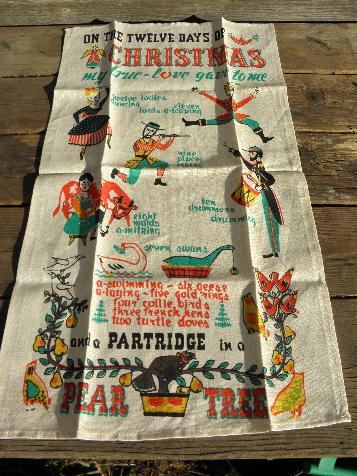 photo of perfect vintage printed pure linen tea towel, 12 Days of Christmas #1