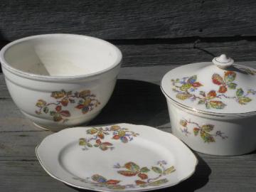 catalog photo of petit-point bramble leaf Bak-In Ware oven pottery lot, 30s vintage