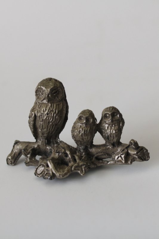 photo of pewter owls miniature owl family on branch, tiny cast metal figurine  #1