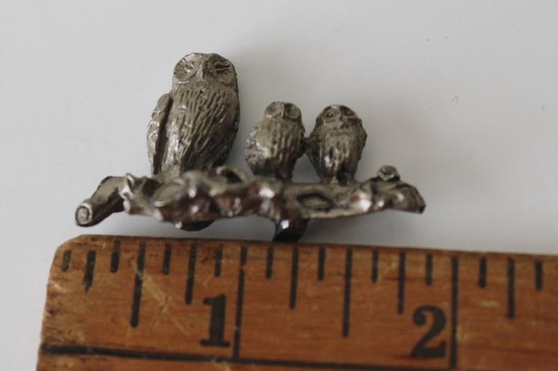 photo of pewter owls miniature owl family on branch, tiny cast metal figurine  #2