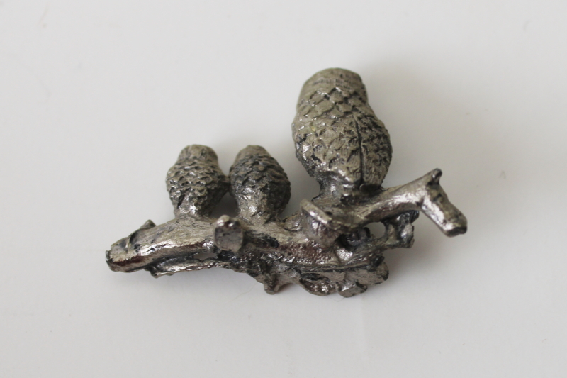 photo of pewter owls miniature owl family on branch, tiny cast metal figurine  #3
