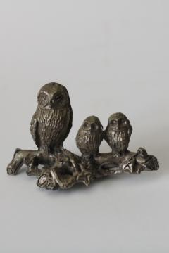 catalog photo of pewter owls miniature owl family on branch, tiny cast metal figurine 