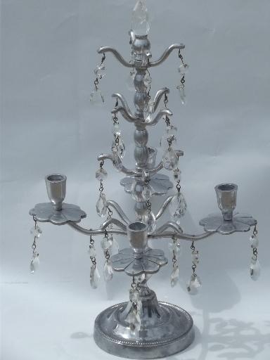 photo of pewter silver metal candelabra, branched candle holder tree w/ prisms #2