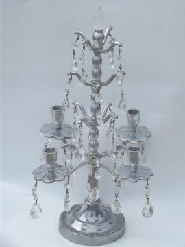 catalog photo of pewter silver metal candelabra, branched candle holder tree w/ prisms